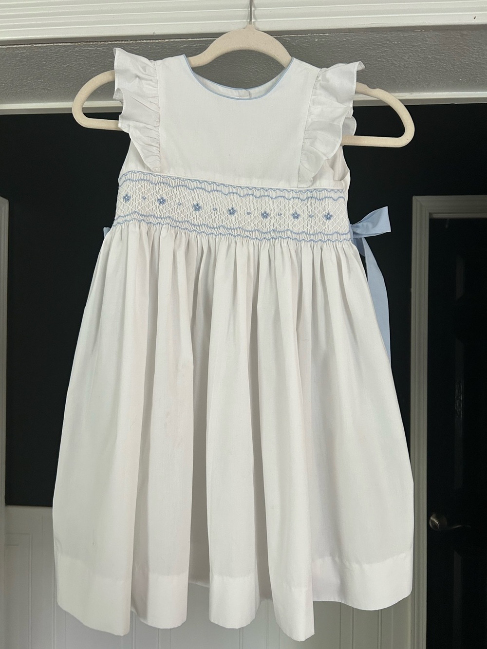 Edgehill Collection White Girls' Dress with Light Blue Smocking